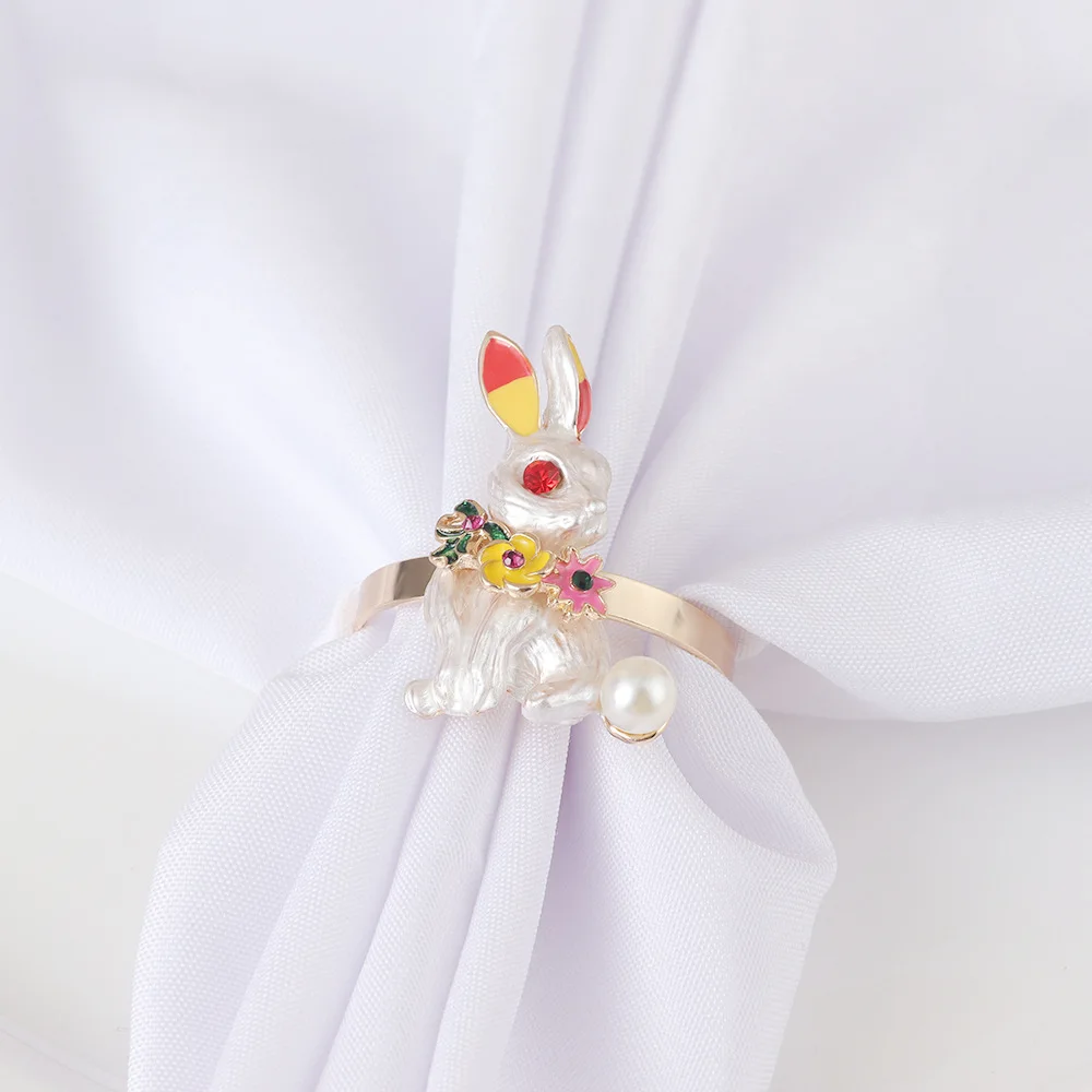 Easter Bunny Napkin Rings,Hand-Painted Oil Drip Design with Pearl & Crystal Accents perfect for Easter brunches spring parties