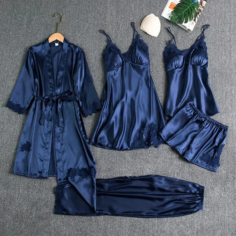 5PC Silk Robe Sleep Suit Women Lace Satin Pajamas Gown Set Sexy V Neck Garter Cami Nighties Wear Pijama Home Lingerie Nightwear