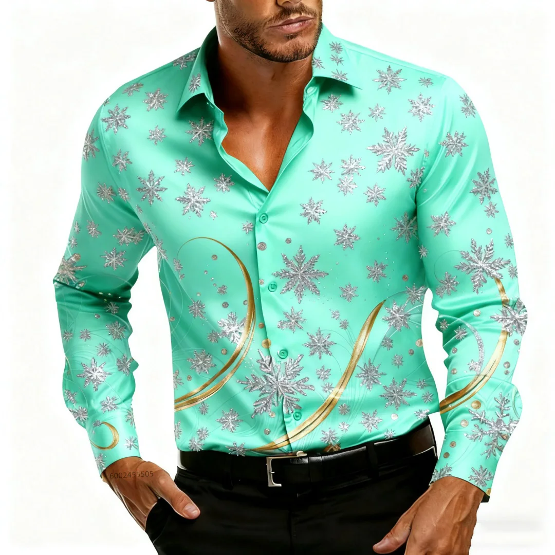 جديد عيد الميلاد الرجال مشهد عيد الميلاد قميص مطبوع-ندفة الثلج عارضة الأزياء جولة الرقبة زرر طويلة الأكمام حزب الخريف قميص #5