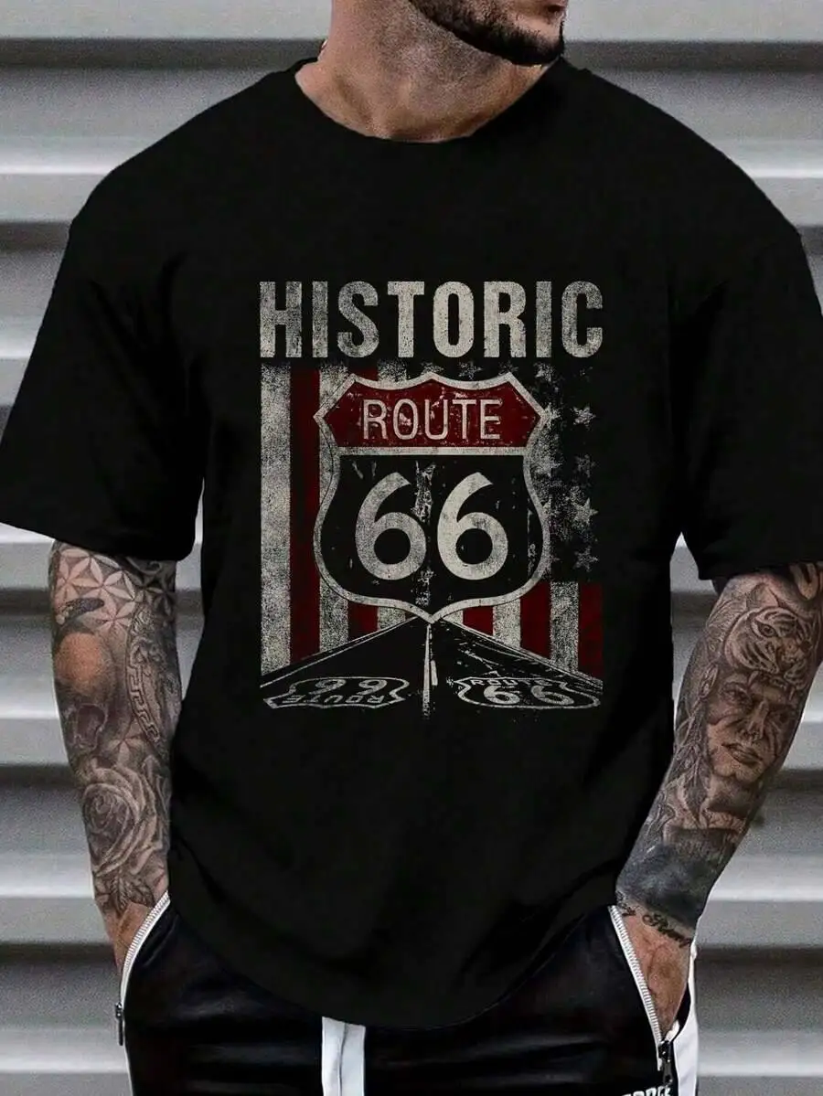 100% Cotton Historic U.S.A. Route 66 Highway Vintage America Road Sign T-Shirt Fashion Women's Men's Graphic Tee Causal Tops 100% Cotton Trendy Y2K Short-Sleeve Tee-Soft, Quick-Drying, Great Gift for Christmas or Halloween.