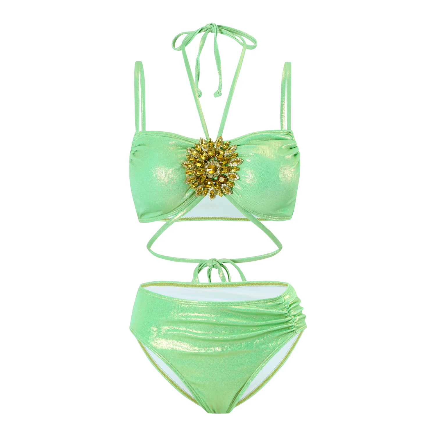 

One-Piece Swimwear Mint Green Neck Hanging Bikini Set Shiny Beach Vacation Style Maxi Dress Skirt Women's Beachwear