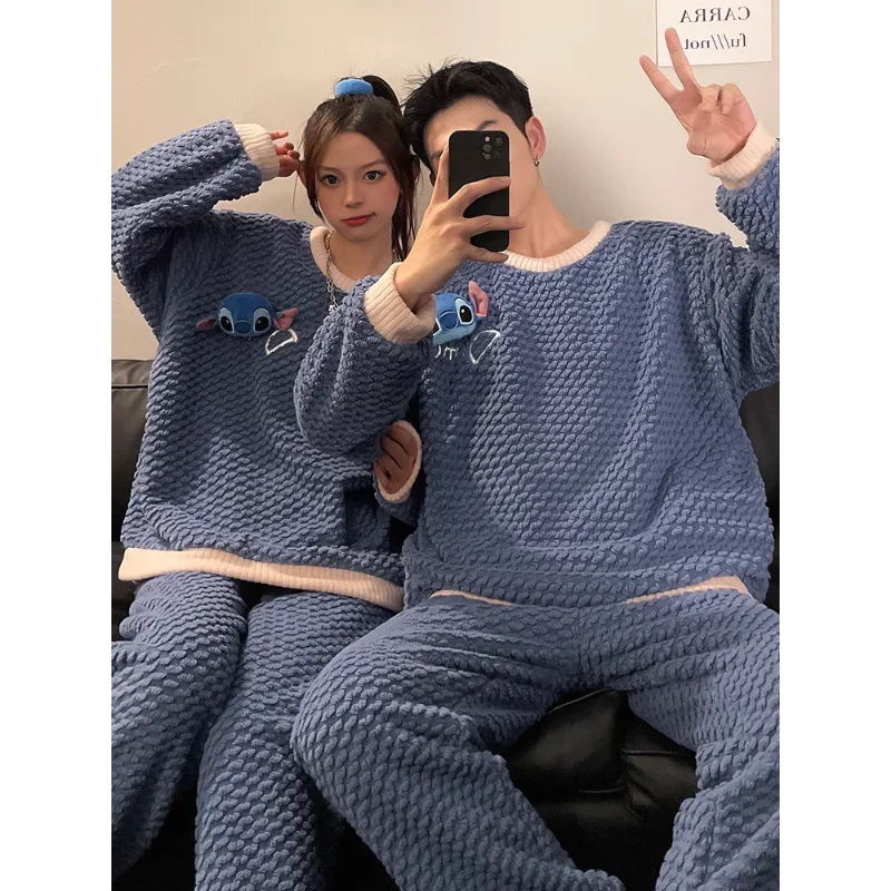 Cartoon Disney couple pajamas new round neck long-sleeved trousers coral fleece two-piece set Stitch men\'s/women\'s pajamas