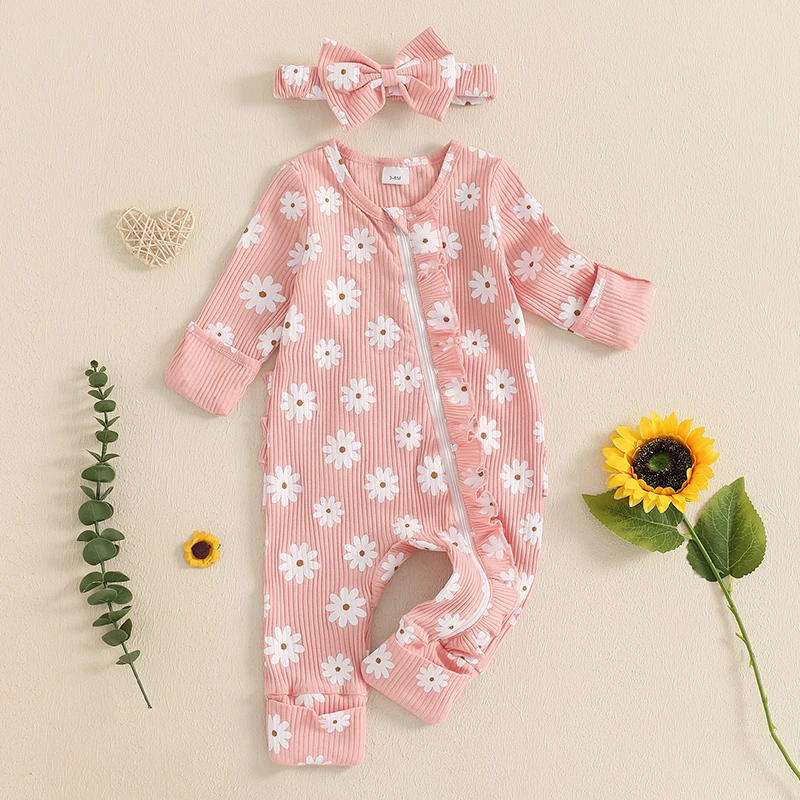 جمبسوت بكشكشة بطبعة زهور وأكمام طويلة مع عصابة رأس للفتيات حديثي الولادة ، ملابس أطفال ، ملابس خريفية ، من 0 إلى 6 أشهر ، 2