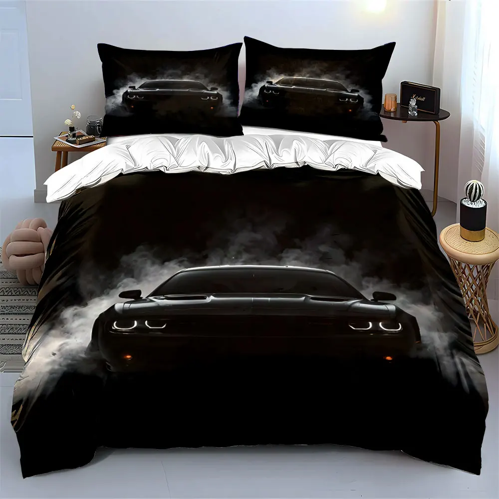 Black sports car with smoky background Print Soft Comfortable Duvet Cover Bedding Set Included 1*Duvet Cover  2*Pillowcases