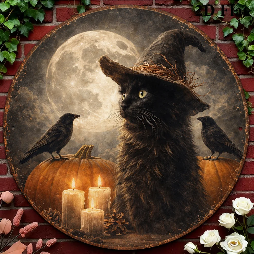2D Flat Retro Oil Painting Witch Black Cat Full Raven Halloween Round Door Window Hanging Wooden Holiday Sign Dark Aged Full Bla