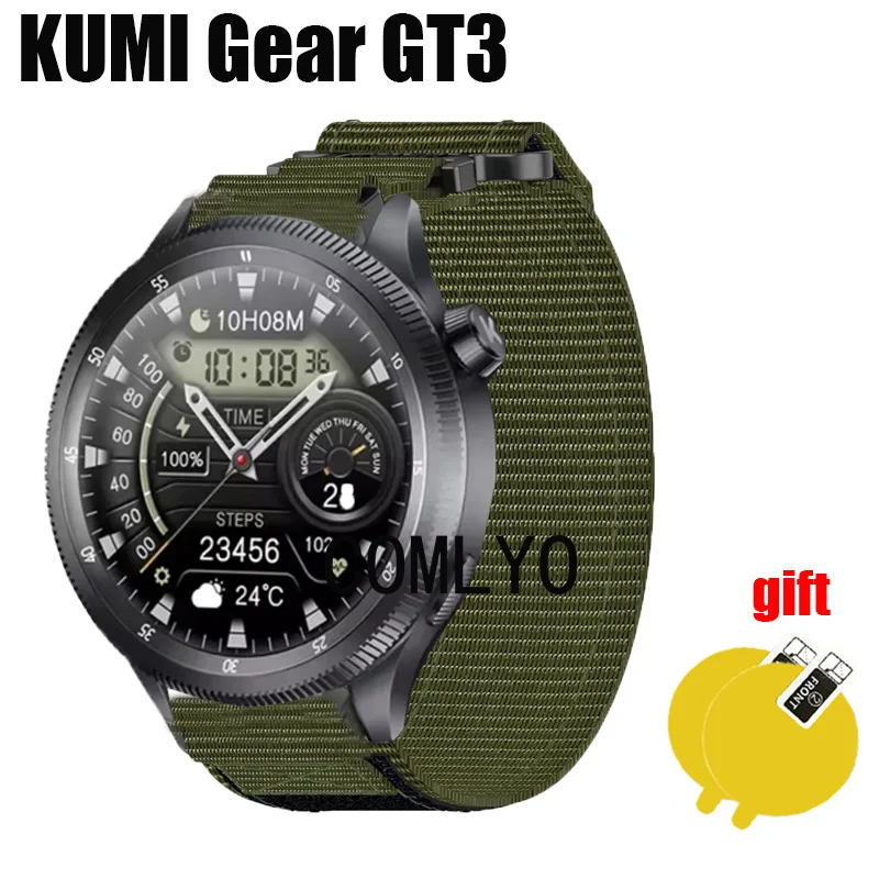 For KUMI Gear GT3 Smart watch Strap Nylon Canvas Sports soft Band Women men Outdoor Belt Screen protector film