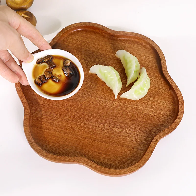 Petal-shaped wooden dinner plate ebony tray fruit bread small plate household wooden plate Japanese wooden snack plate