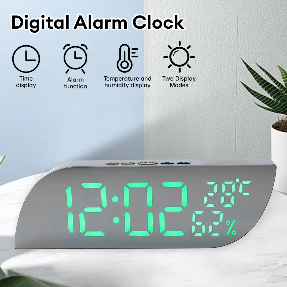 Digital Alarm Clock Temperature Humidity Date Mirror Clock Unlimited Snooze Table Clock 12/24H Night Mode Clock USB AAA Powered