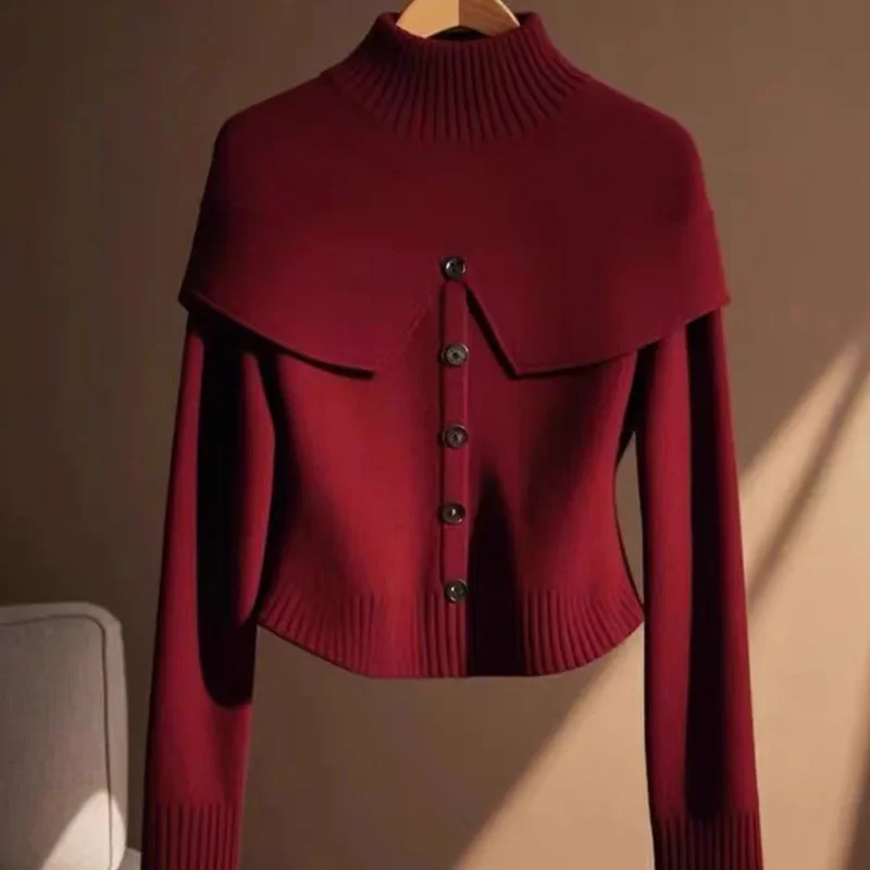 Autumn Winter New Fashion Solid Button Red Knitted Sweaters Women Clothing Elegant Slim Half High Collar Wool Commute Pullovers