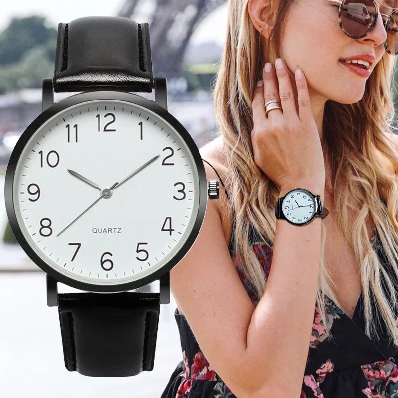 

Fashion Women's Watch Arabic Number Unisex Strap Minimal Round Dial Classic Black Leather Strap Ladise Watches Wrist Watch