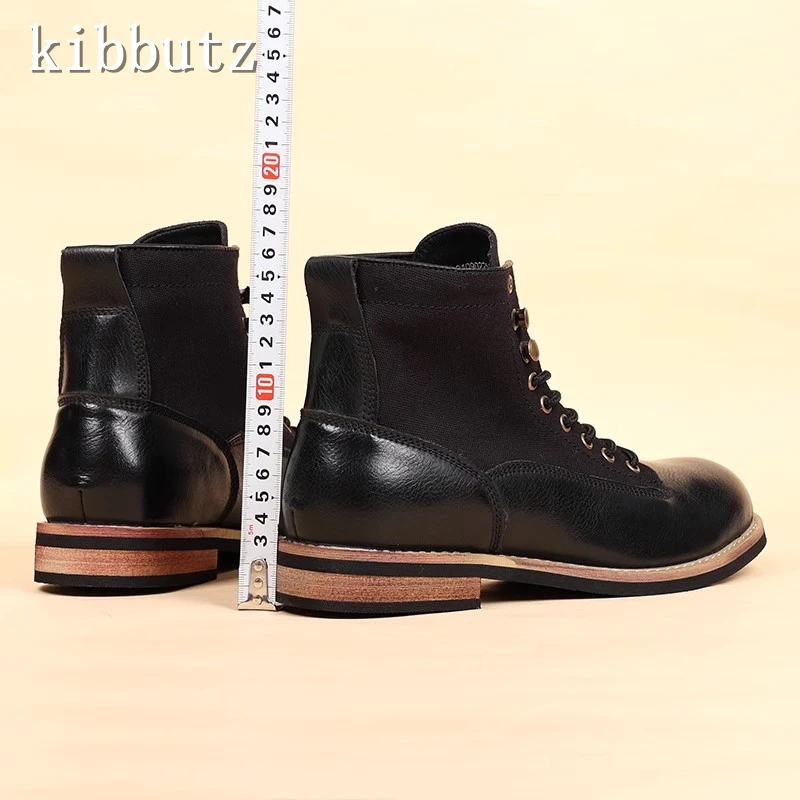 Botas de couro masculino tecido de motocicleta, tornozelo, renda, zíper traseiro, emenda, vintage, britânico, ferramental, outono, novo