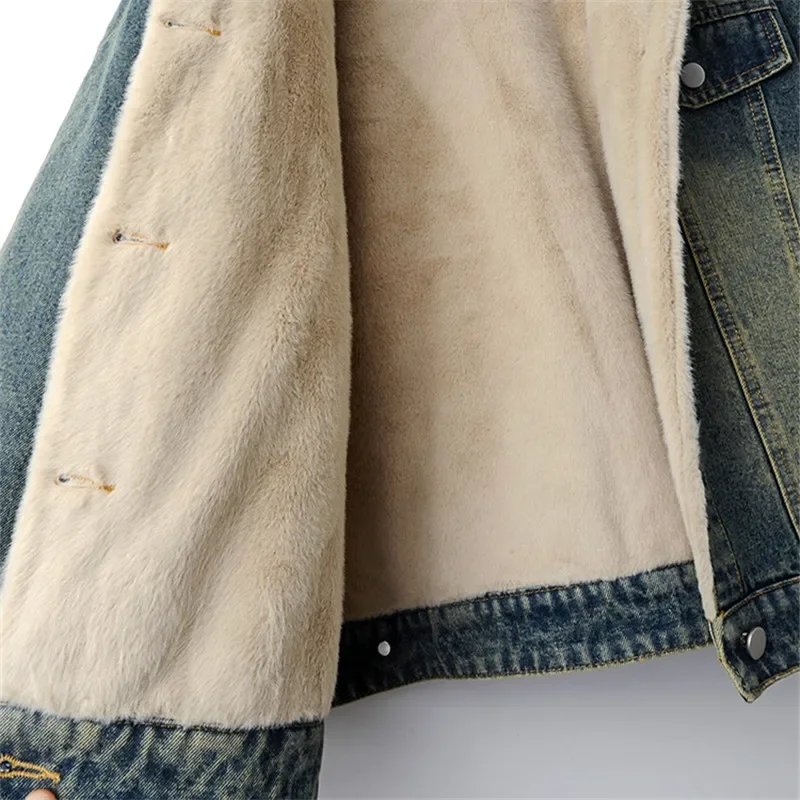 Faux Nerz Kaschmir Zipper Mit Kapuze Denim Jacke Frauen Vintage Cowboy Oberbekleidung Winter Dicke Lose Kurze Jeans Jacke Mantel Weibliche