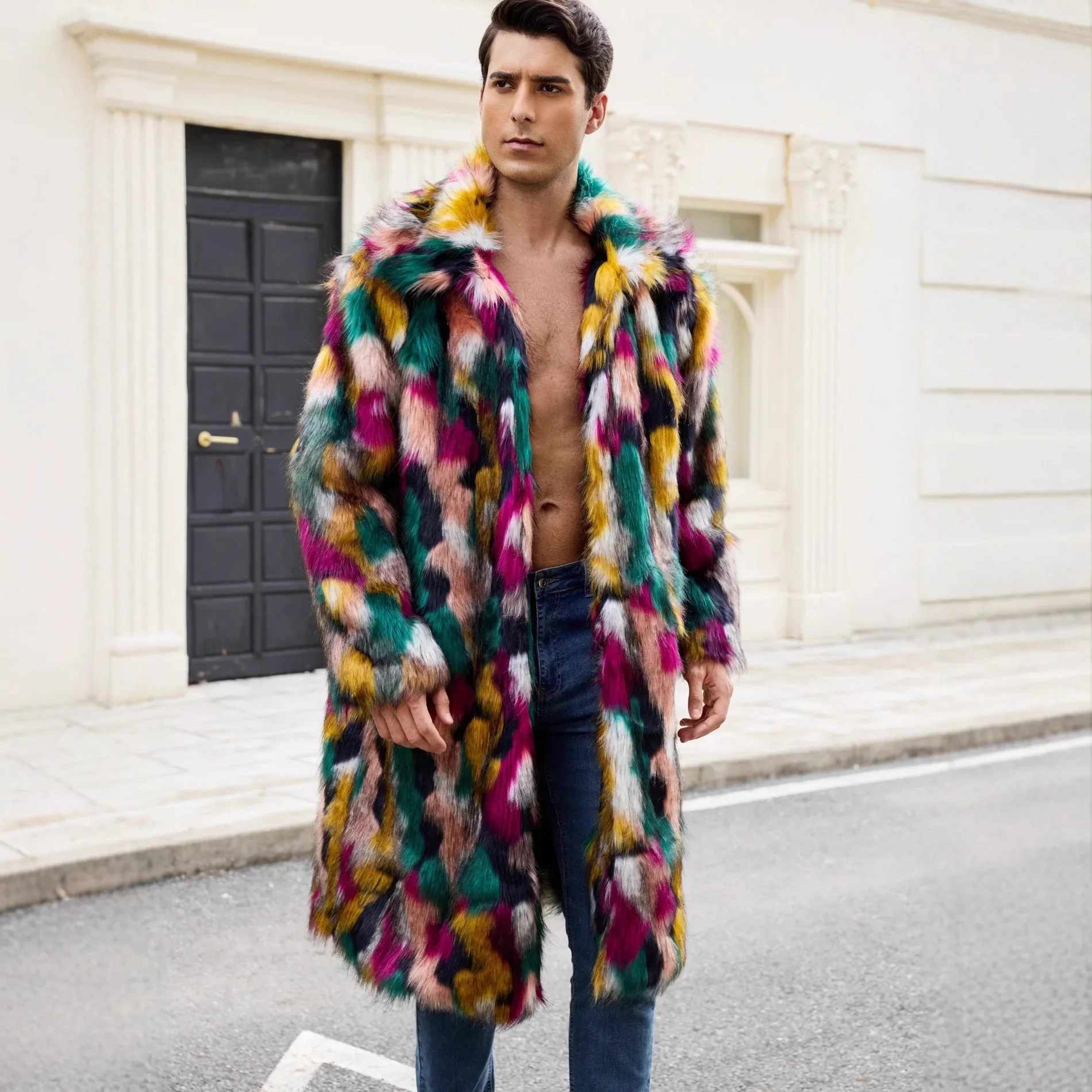 Europe and America Fashion Men's Colorful Thicken Casual Trendy Loose Turn-down Collar Long Sleeve Faux Fur Coats Male Clothes