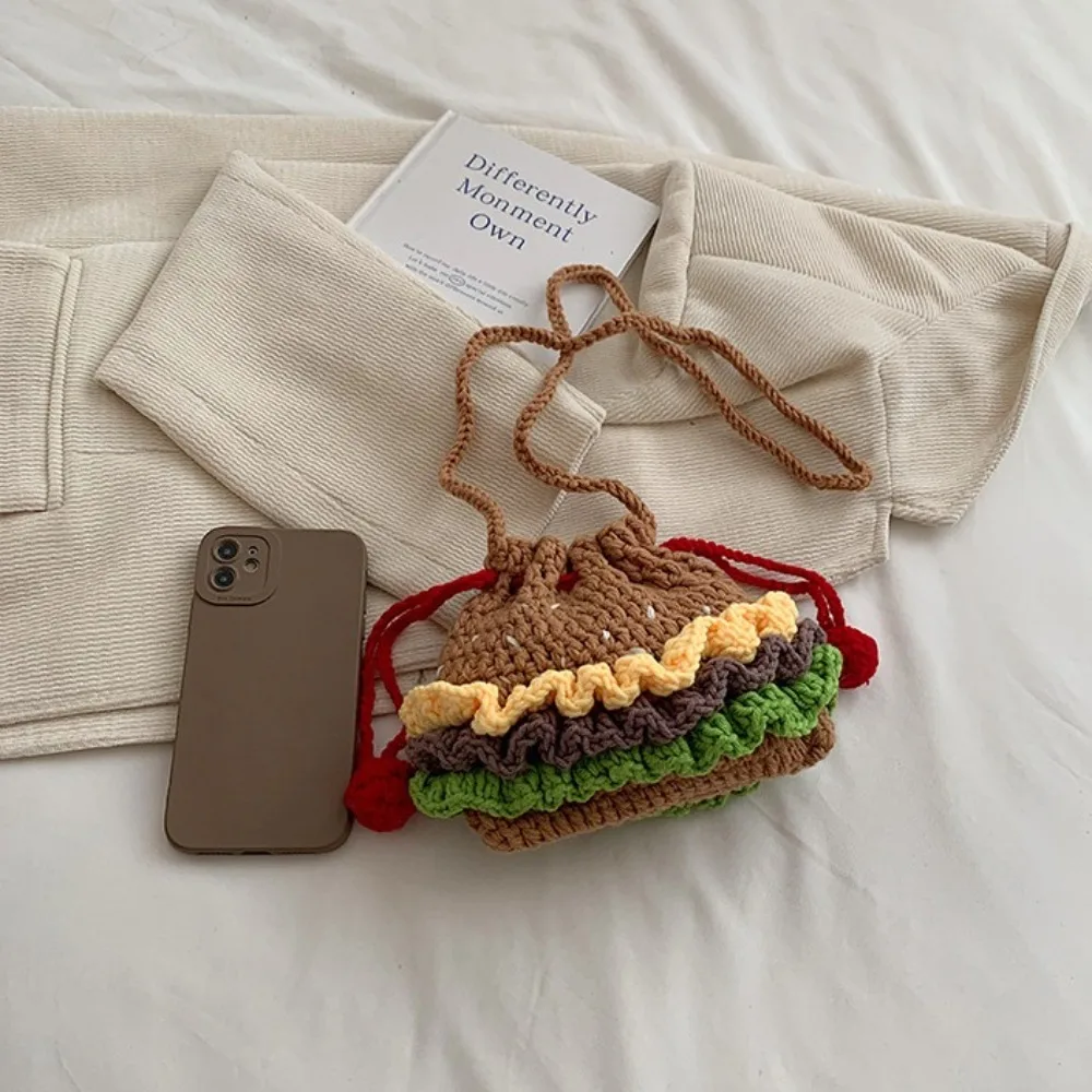 Knitted Hamburger Shoulder Bag Finished Product Styling Accessories Crochet Crossbody Bag Cartoon Cute Headphone Storage Bag