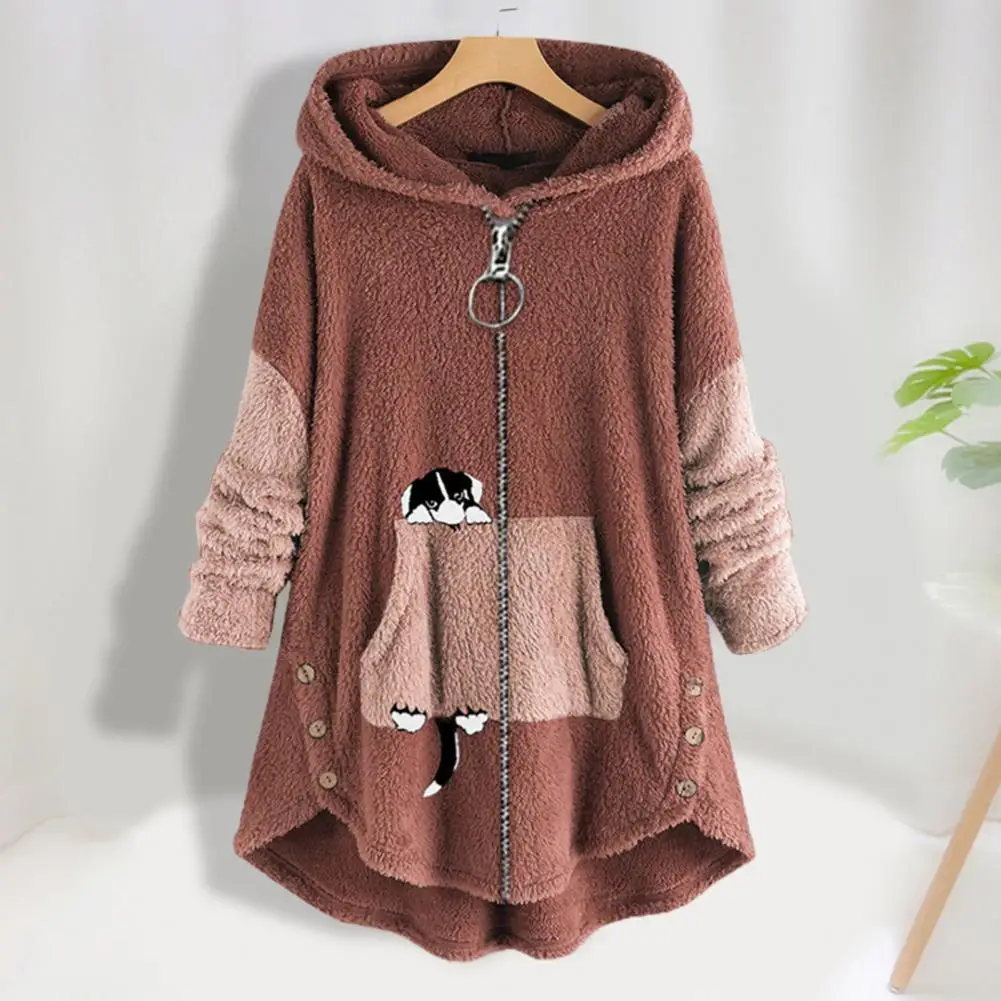 Hooded Long Sleeve Zipper Placket Cartoon Dog Pattern Pockets Women Coat Winter Double Sides Fleece Mid-Length Sweatshirt Coat