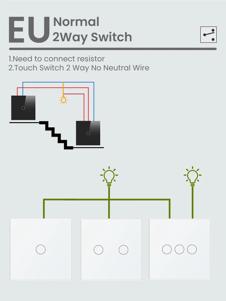 LOGEN Touch Switch 1/2/3Gang 2 Way Light Switch EU Standard No Neutral Wire Glass Panel Wall Switch Stair Hotel Home