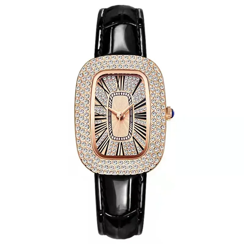 Reloj de pulsera extremadamente fino con movimiento de cuarzo Tonneau para mujer, Reloj de pulsera con correa de cuero, Reloj de lujo con diamantes de imitación, regalo para mujer