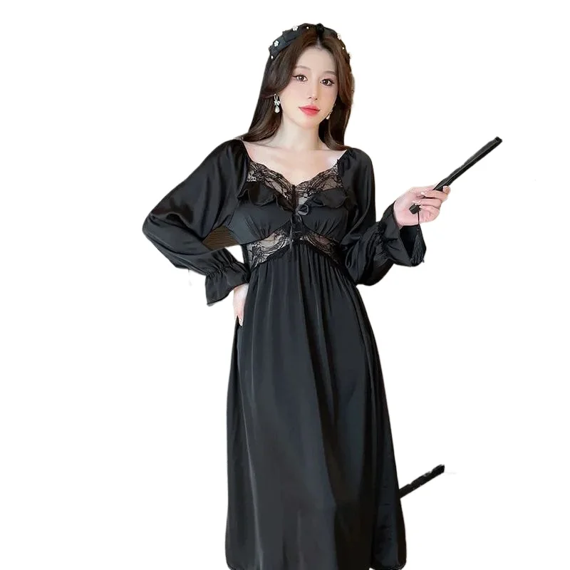 Sexy Pajamas Women's  New Ice Silk Long-sleeved French Medium and Long Skirt Lace Loungewear Pure Desire Style Nightdress Autumn