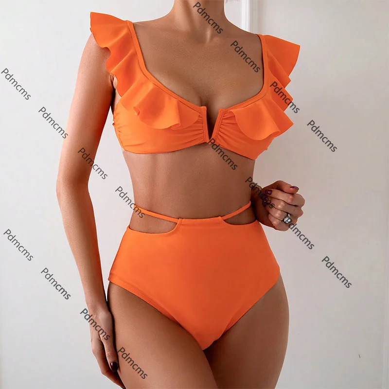 

2025 new European and American V-neck flash sexy lace-up bikini high-waisted swimsuit beach hot spring swimsuit women