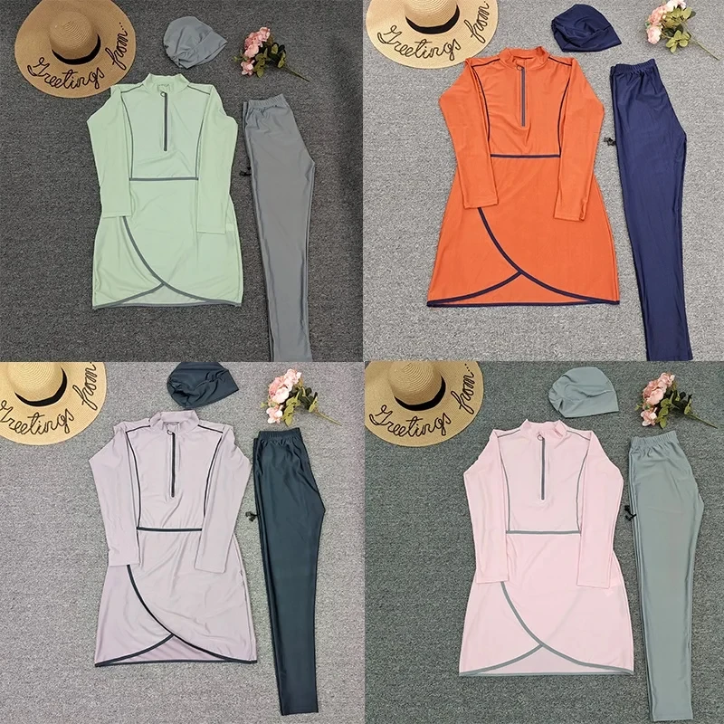 3 pezzi costumi da bagno musulmani donna manica lunga costume da bagno Muslimah nuoto Burkini turbante pantaloni maillots de bains musulmans maillot femme