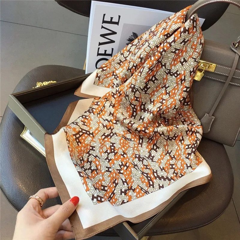 2024 New Headscarf Women's New 70 Small Square Scarf Retro Three-dimensional Letter Printed Silk Scarf Imitation Silk Scarf