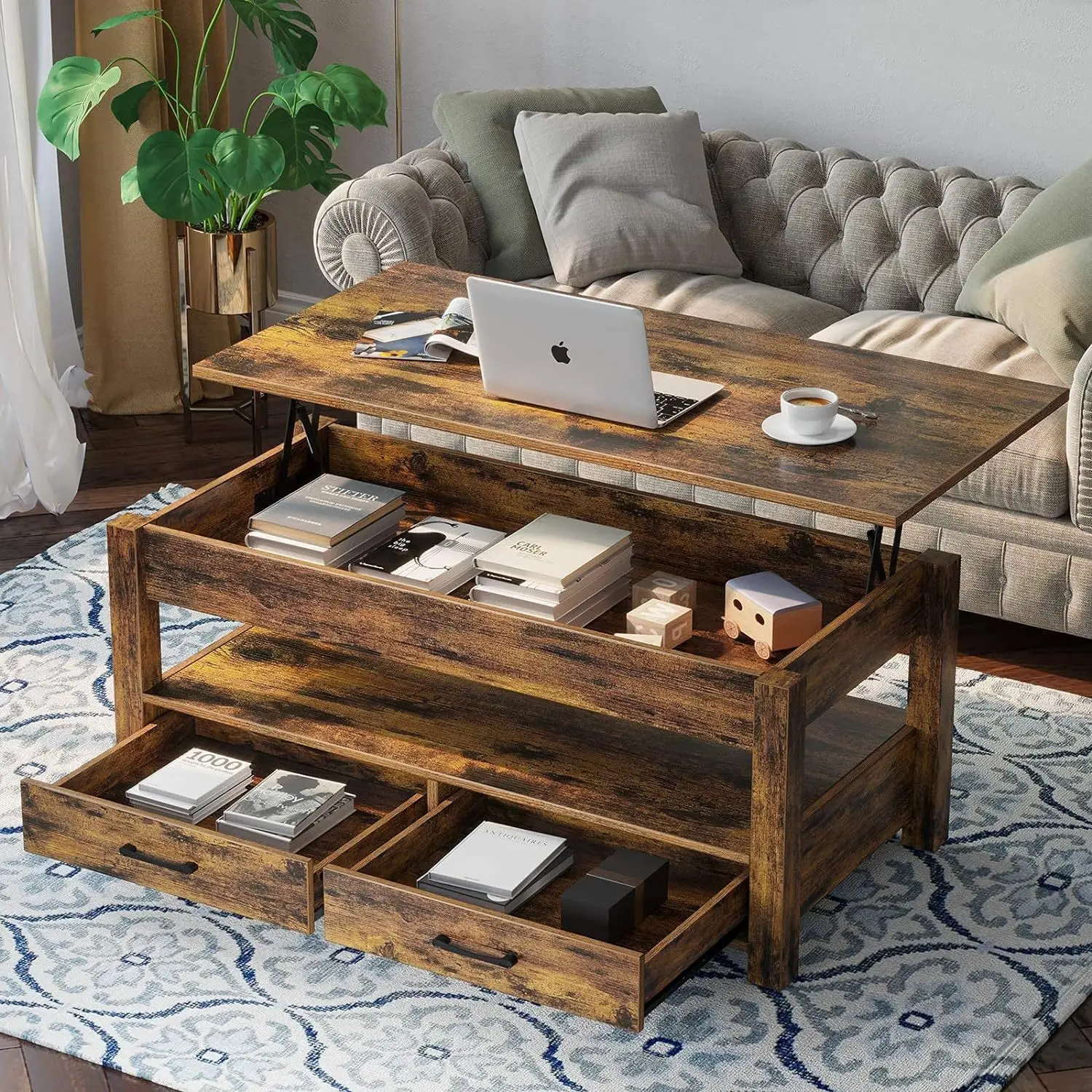 ！@Nordic Solid Wood Table Foldable Computer Desk 2-story with Drawers Living Room Study Coffee Table Retro Adjustable Table