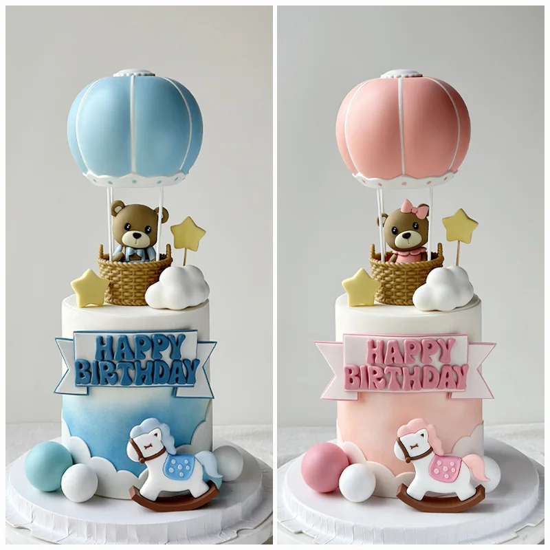 Hot Air Balloon Cake Topper Green Pink Blue Bear Cake Topper Gender Reveal Party Cake Decoration Baby Shower Birthday Supplies