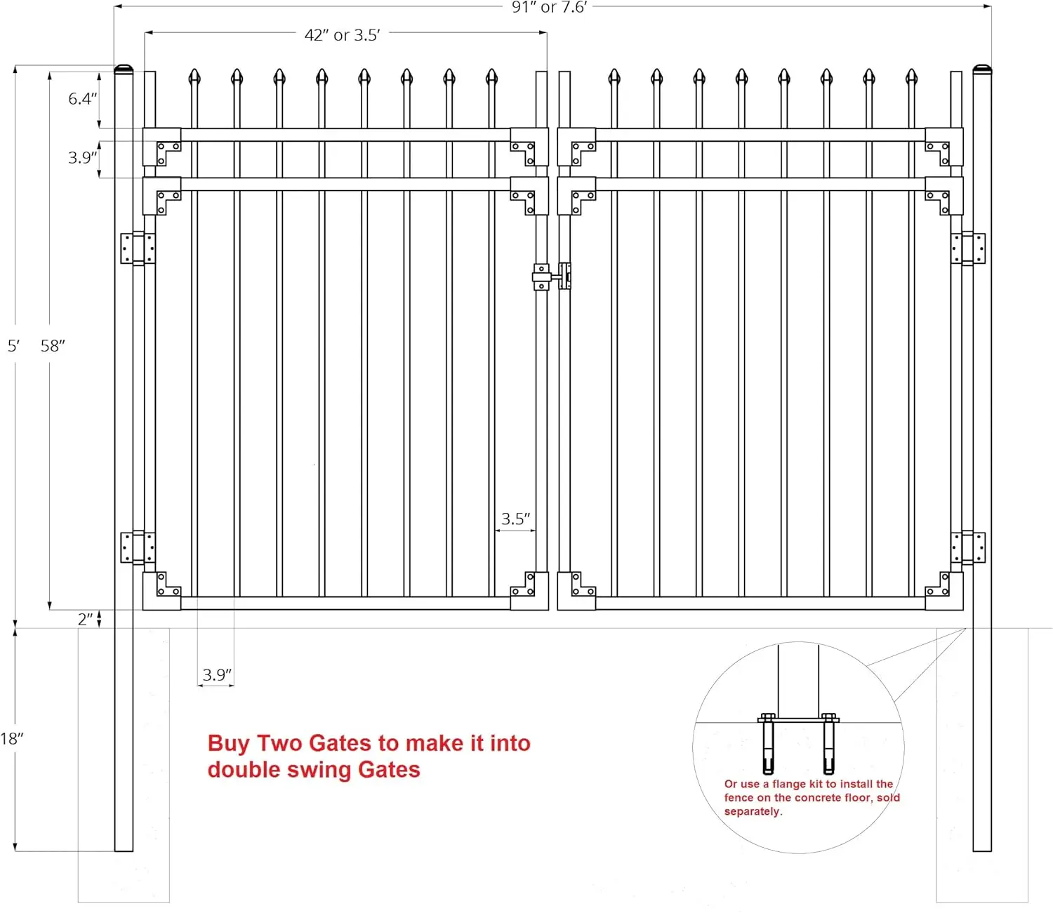 Black Steel Anti-Rust Fence Gate - Sharp End Pickets - 4ft W x 5ft H - Easy Installation Kit, for Residential, Outdoor, Yard