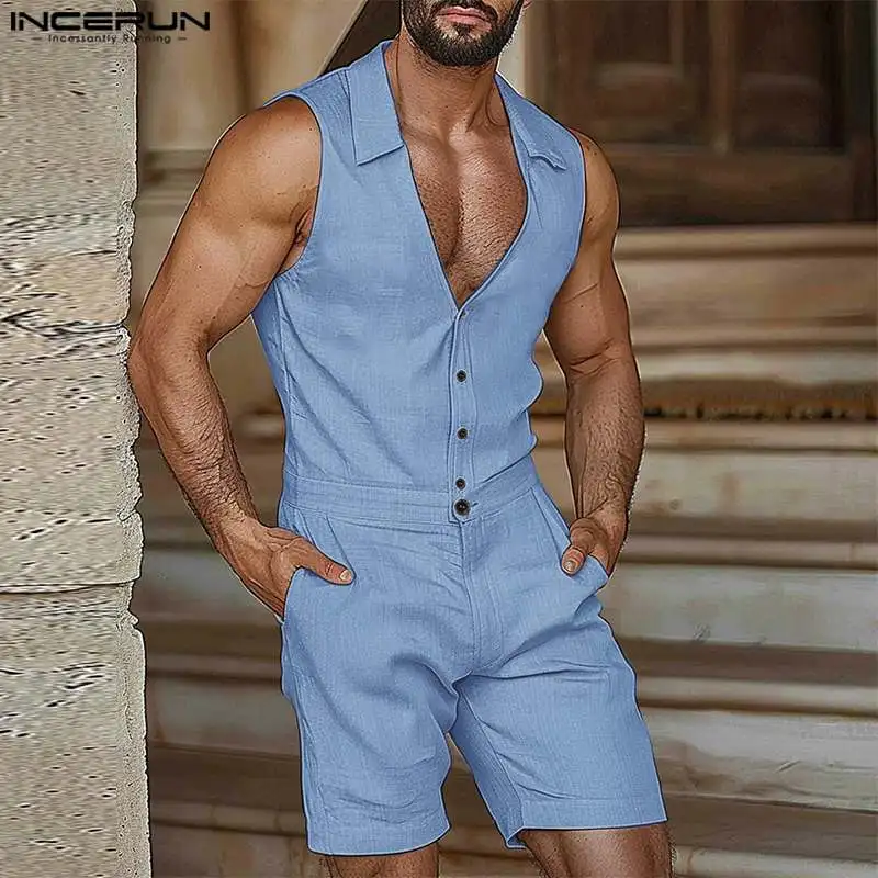 INCERUN Men Jumpsuits Solid Color V Neck Sleeveless Button Casual Rompers Men Streetwear Summer 2024 Fashion Male Overalls S-5XL