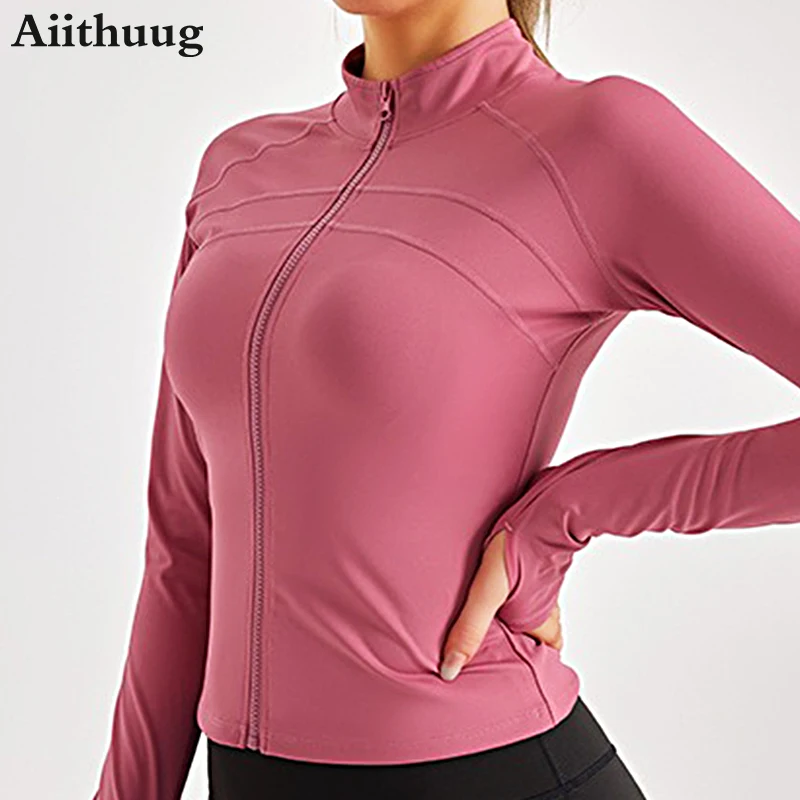 Aiithuug Thumbholes Stand-up Collar Yoga Jackets Women\'s Slim Fit Long Sleeve Jackets Elastic Gym Workout Running Jogging Shirts