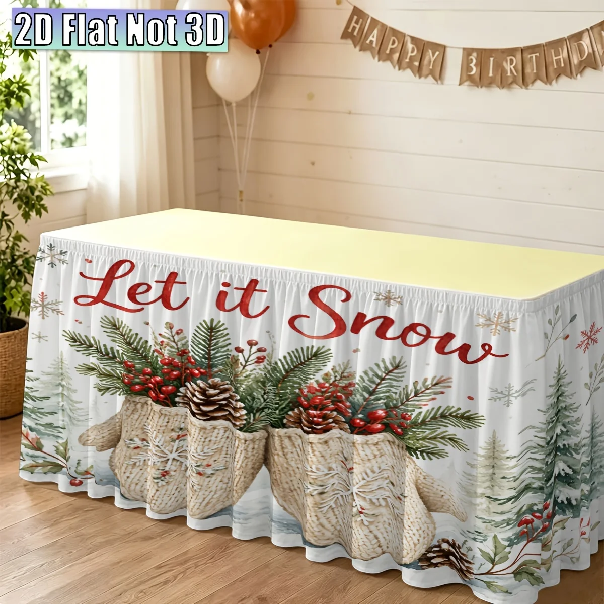 2D flat, JIT, 1pc, Party tablecloth, Snowy gloves Christmas, Theme decoration party table skirt
