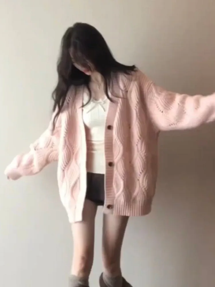 

Sweet Pink Hollow Out Knitted Cardigan Y2k Aesthetic Casual Loose Grunge Coats Harajuku Single Breasted Women Autumn Sweaters