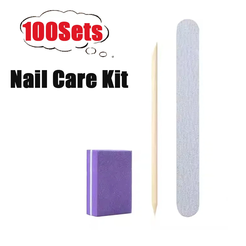 100Sets Disposable Nails Kit Contains Nail File And Buffer Block And Wood Sticks for Manicure