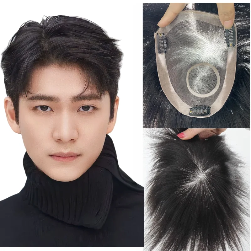 شعر مستعار للرجال 100% شعر بشري أحادي قاعدة بطول 6 بوصة من البولي يوريثان محيط شبكي داخلي من الدانتيل مع مشابك شعر مستعار للرجال باللون الأسود المربوط يدويًا #1