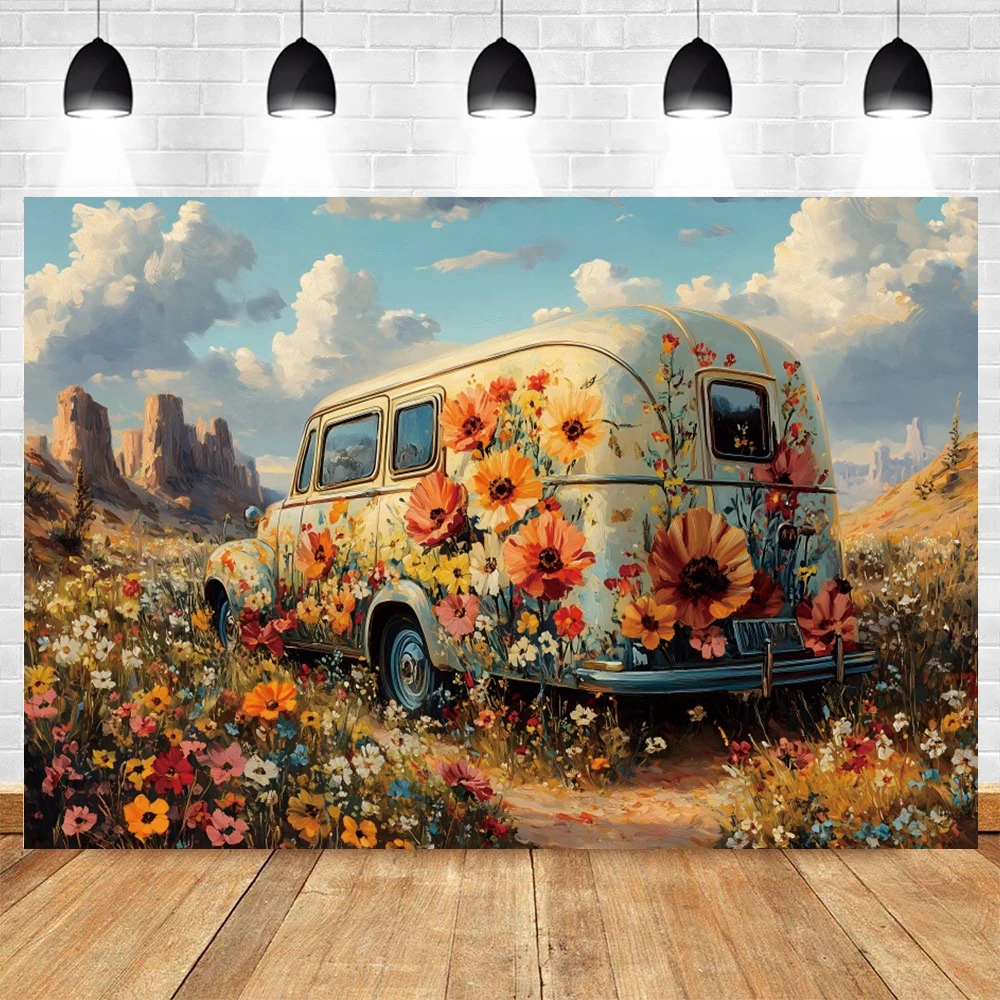 Spring Colorful Flower Car Photography Backdrop Oil Painting Nature Landscape Wedding Party Birthday Decoration Photo Background