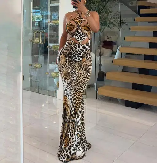 

Sexy Women's Dress Summer New Style Leopard Print Fashionable Hollow Out Splicing Backless Lace Up Design Hip Hugging Skirt