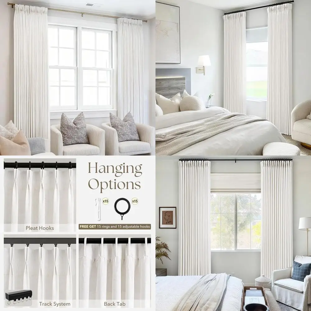 

Натуральные кремовые 80-контактные плиссированные льняные шторы для гостиной — светофильтрация, в форме памяти, набор из 2 панелей