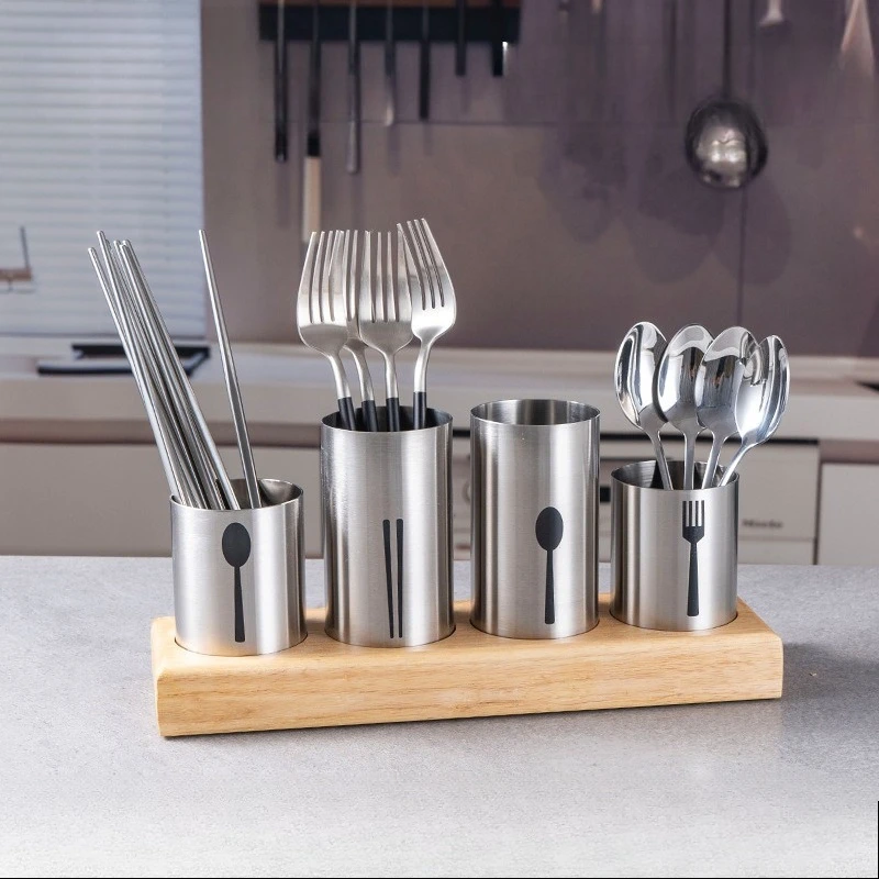 Practical Wood Base Chopsticks Storage Rack High-grade 304 Stainless Steel Drain Box Drying Flatware Organizer for Kitchen