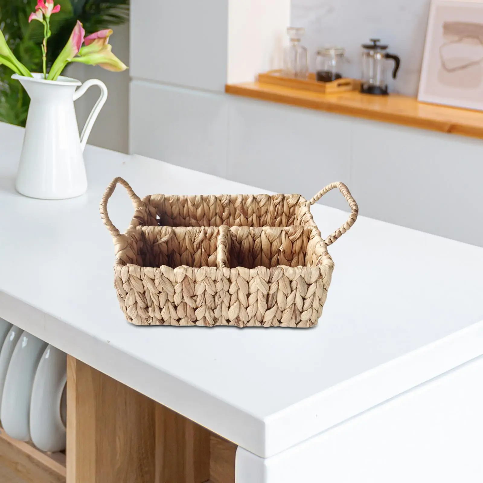 

Rattan Woven Divided Storage Basket with Handles for Dressing Rooms Durable