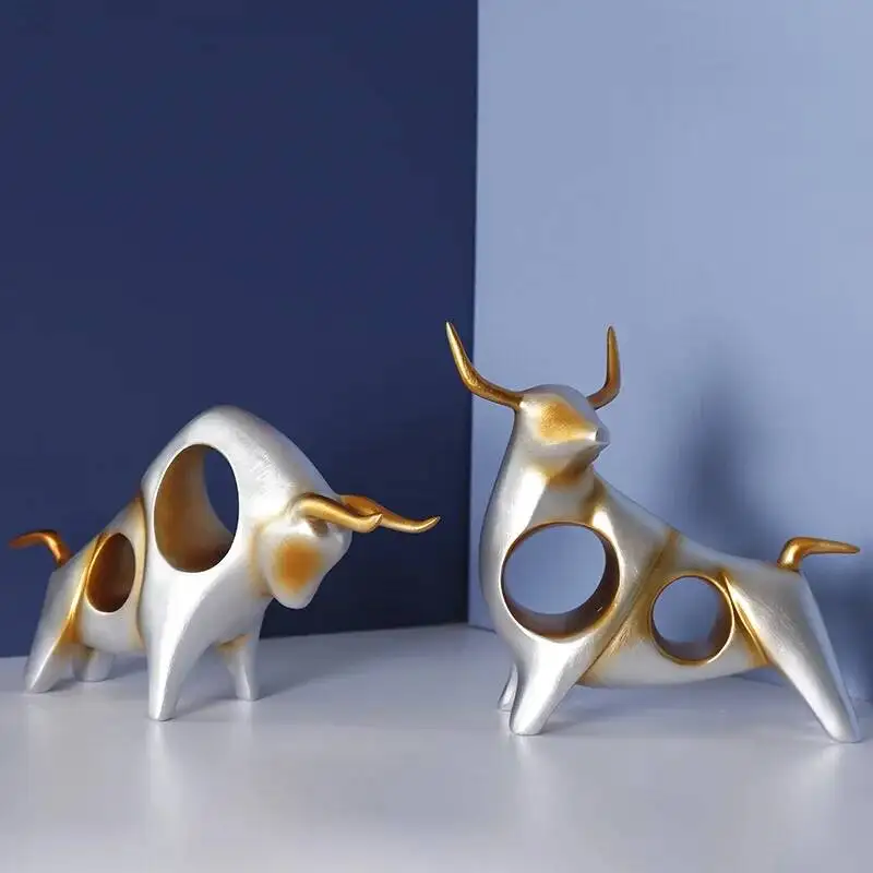Abstract Bull Statue Modern Geometric Resin Bull Sculpture, Hollow Out Design Bull Ornament for Home Office Decor