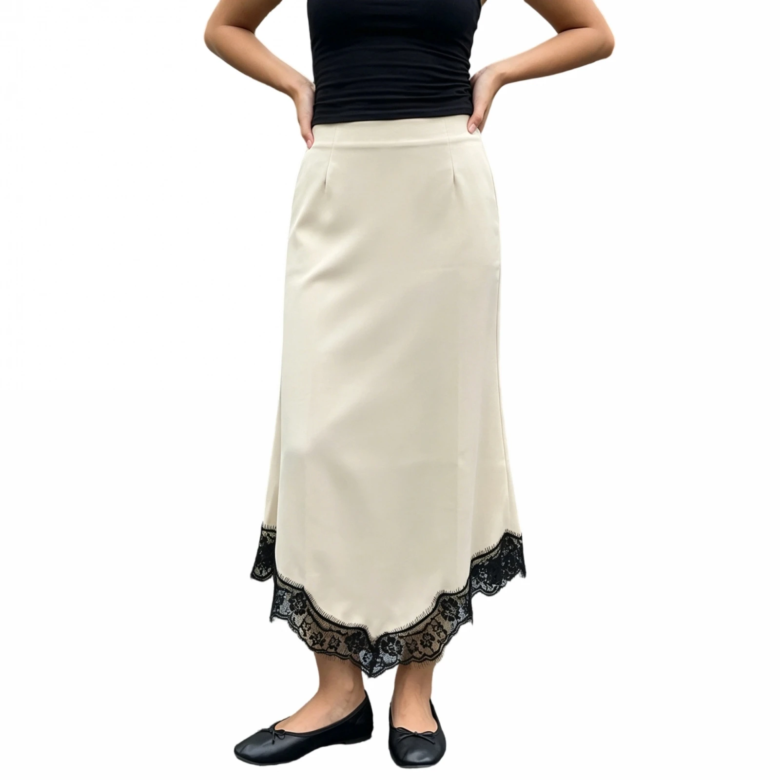 

2026 Summer Women's Midi Satin Skirts with Asymmetrical Lace Trim Sexy Ladies Elegant Slim Fit High Rise Skirts for Daily Party