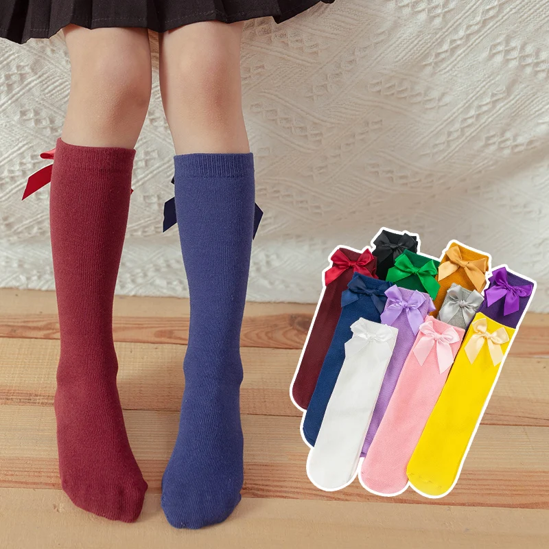 3-12Y infant autumn candy color bowknot socks child cotton long stockings baby girls warm multicolor spring over knee high socks