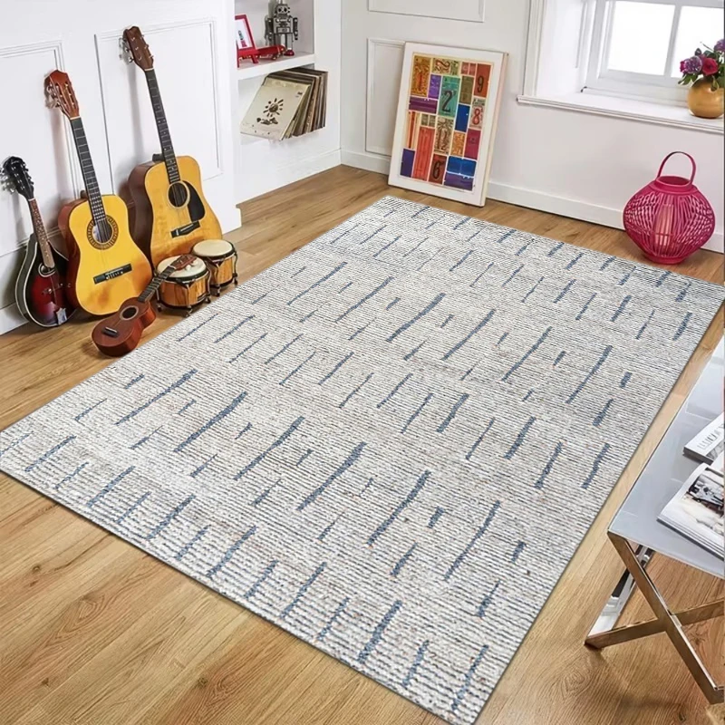 Abstract Linear Dash Print Area Rug, Light Blue and Beige Modern Floor Mat for Living Room Bedroom, Minimalist Home Decor Carpet