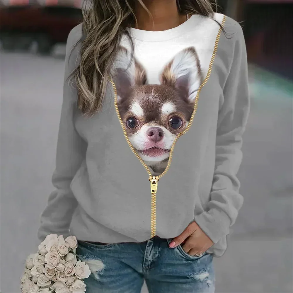 2023 New Women\'s 3D T-shirt O-neck Long Sleeve Cat Puppy Fashion Animal Cute Pet Print Large Casual Street Wear Oversize Ootd