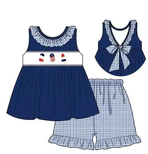 July 4th selling children's set sleeveless lace ice cream print shorts lace girls boys short sleeve plaid set baby romper dress