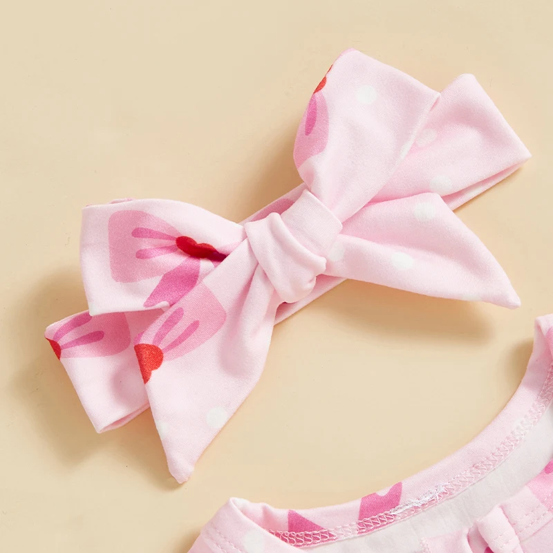 Newborn Baby Girl Romper with Bow Headband 2 Pcs Set Bow Dot Pattern Crew Neck Long Sleeve Zip Up Jumpsuit