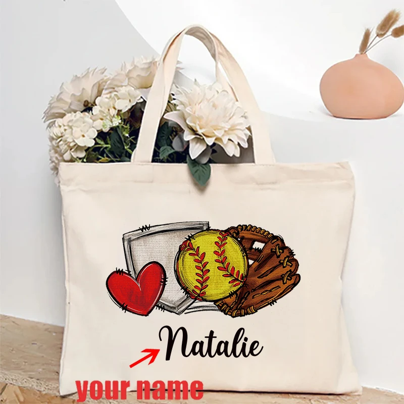 Personalized Softball Player Custom Name Canvas Tote Bag Softball Team Gift Foldable Shopping Bags Softball Mom Gift Handbag