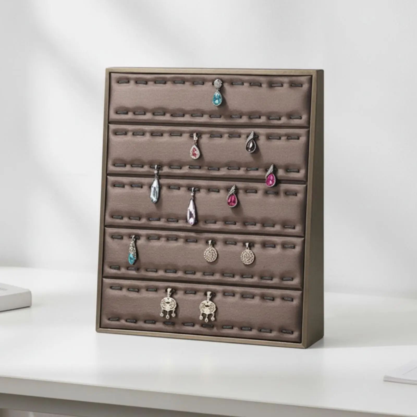 Freestanding Jewelry Organizer with Stitched Slots Compact PU Leather Jewelry Display Tray Structured Rectangular Earring and