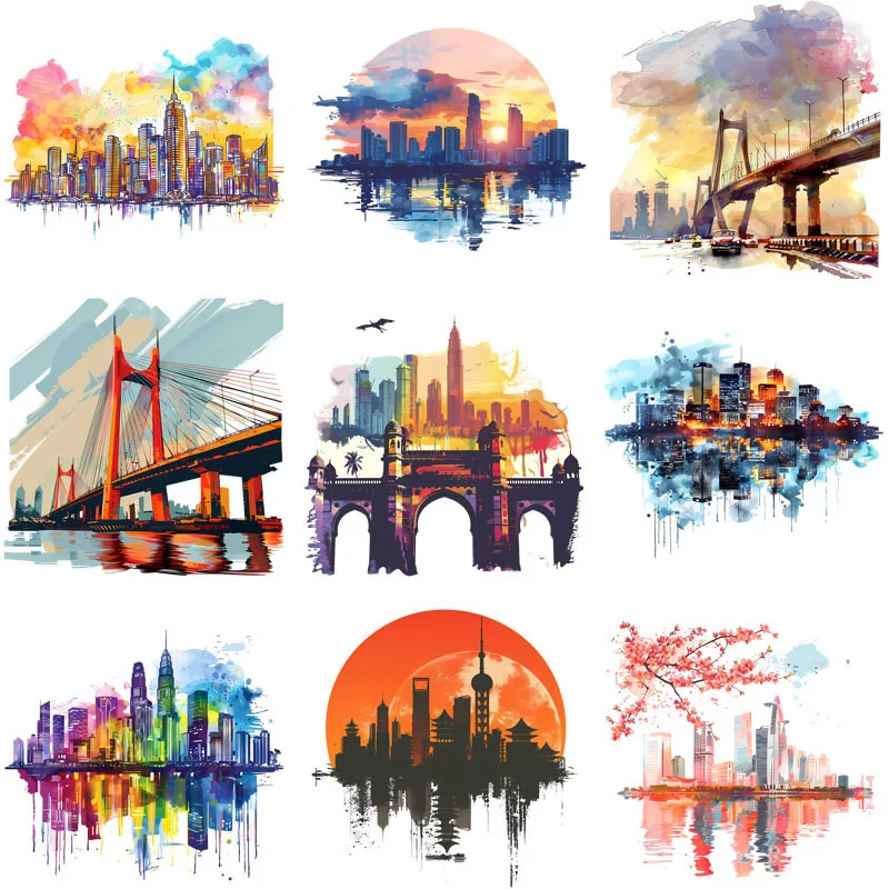 Fashion City Scenery Watercolor Painting Patch For Clothes Heat Transfer Sticker Iron On Vinyl For Clothes Sunrise and Sunset