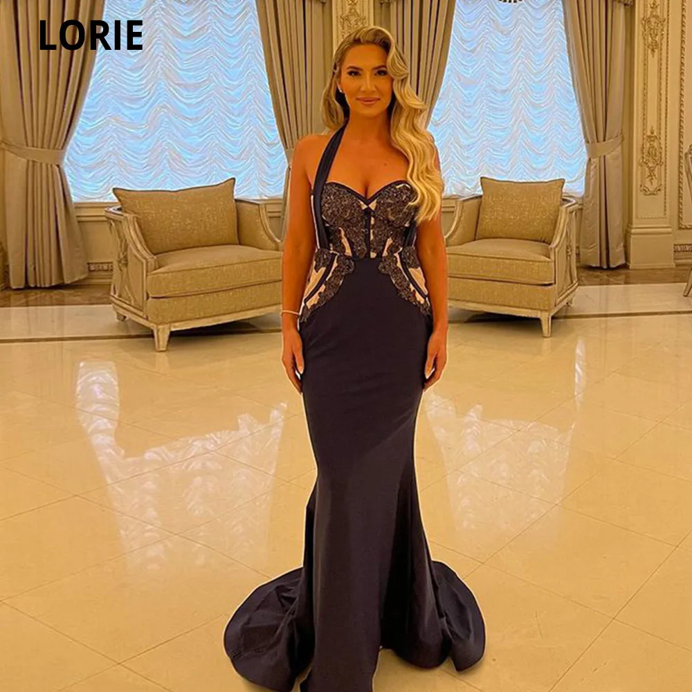 

LORIE 2022 Black Satin Long Mermaid Evening Dresses 2022 Spaghetti Straps Sweetheart Pleats Lace Appliques Women Party Prom Gown